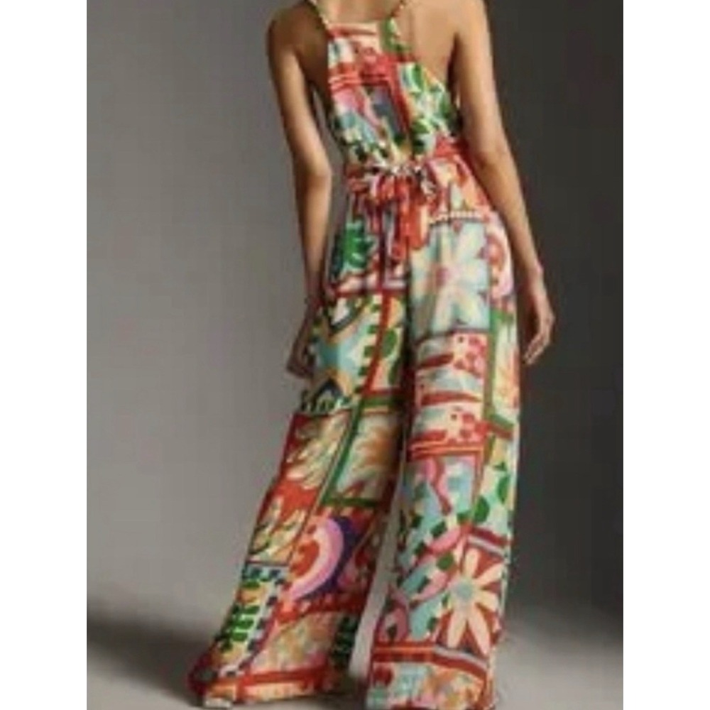 FARM Rio Anthropologie Beaded Strap Tropical Wide Leg Jumpsuit Size S - Picture 3 of 16